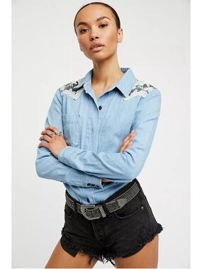 Free People Meet Me In Marfa Western Denim Shirt  striking graphic Size Large